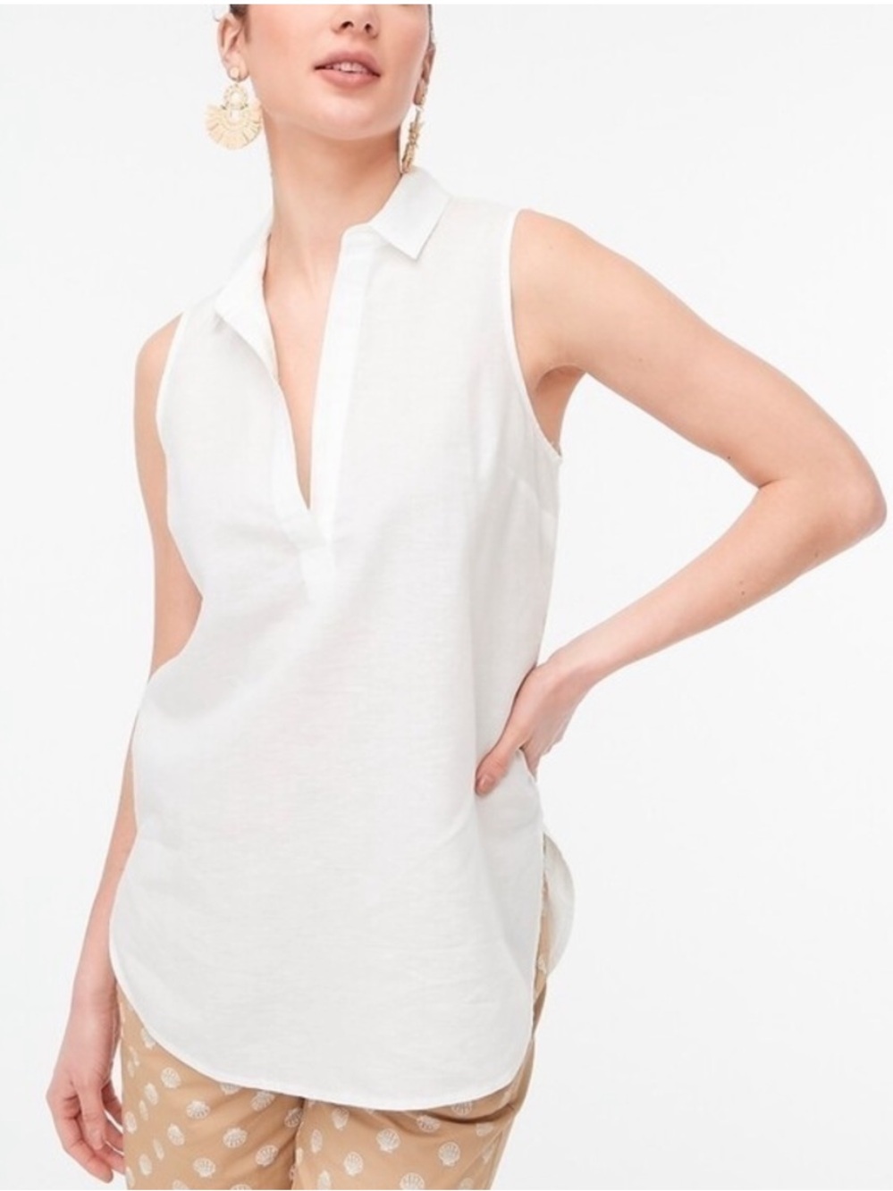 NWT, J Crew Linen-cotton sleeveless popover tunic top, White, Size Large